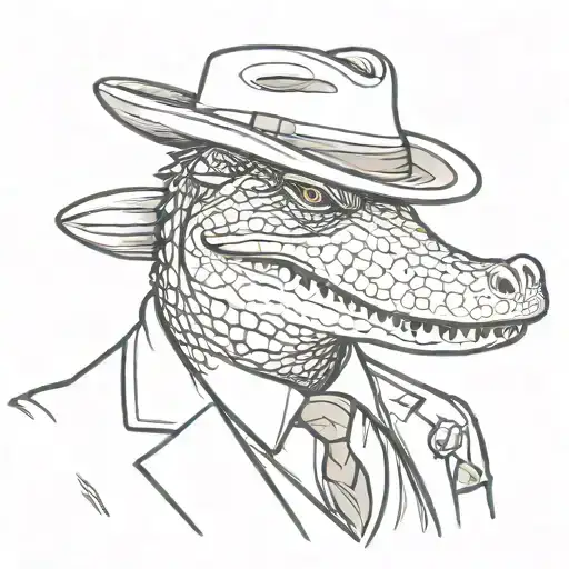 A Portrait Of A Serious Alligator Who Is Wearing A Suit And A Mafia Fedora With A Cigar In His Mouth