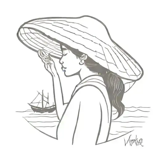 Sillouette Of A Vietnamese Girl Wearing A Vietnamese Hat On A Traditional Fishing Boat