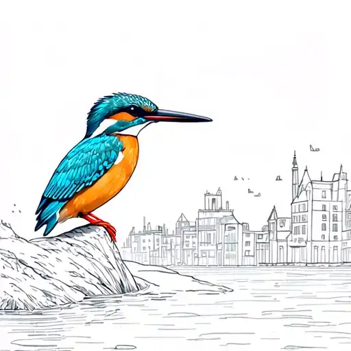 Kingfisher Line Drawing And Building Scene