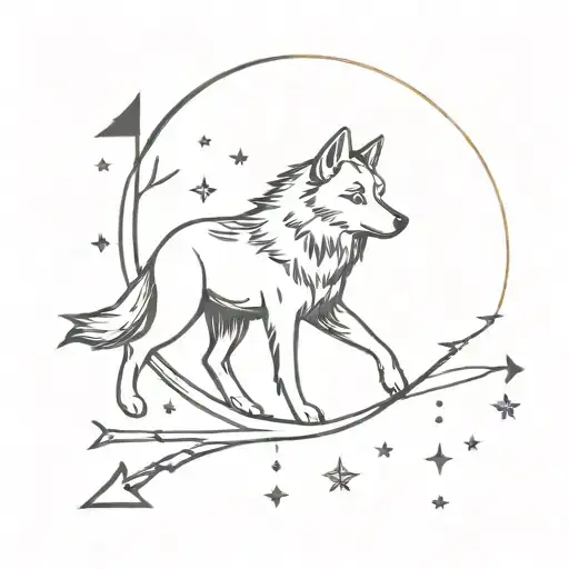 Wolf And Arrows With Moon Surrounded By Stars