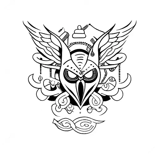 Tatto Of Crow Design Containing Letter R Amd M Where Letter Are Not Visible Clearly