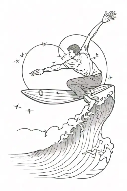 Miniature Man Surfing A Large Wave In A Storm With Lightning With Anchor And Planets For Upper Arm