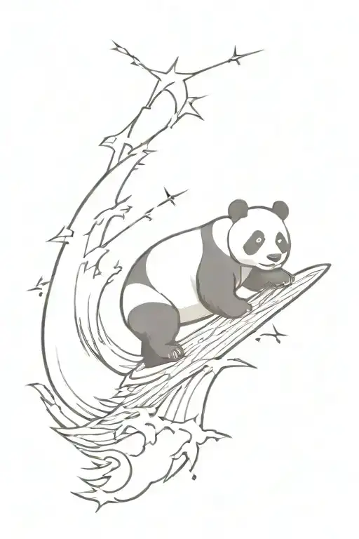 Panda Surfing A Large Wave In A Storm With Lightning And With Anchor And Planets For Upper Arm