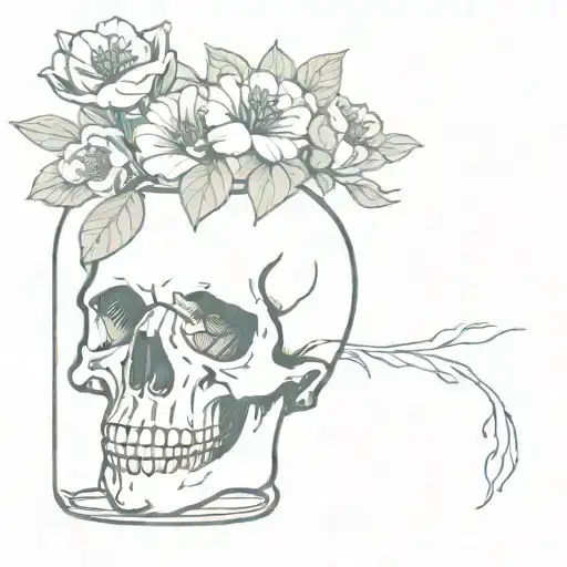 Lineal Skull With Flower Jar Behind One Of The Flowers Is Rotten
