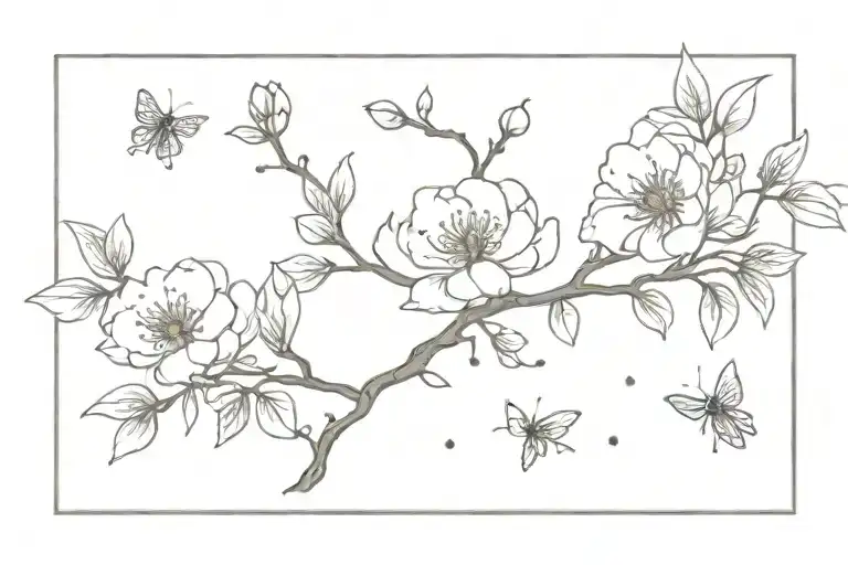 Cherry Blossom Amd Peony Tree With Fireflies