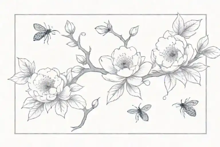 Cherry Blossom Amd Peony Tree With Fireflies And Virgo Symbol