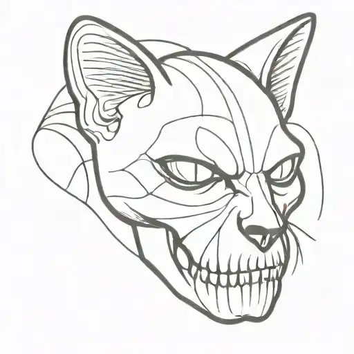 Black Cat With Bat Wings In The Top Of A Skull With Lines Background