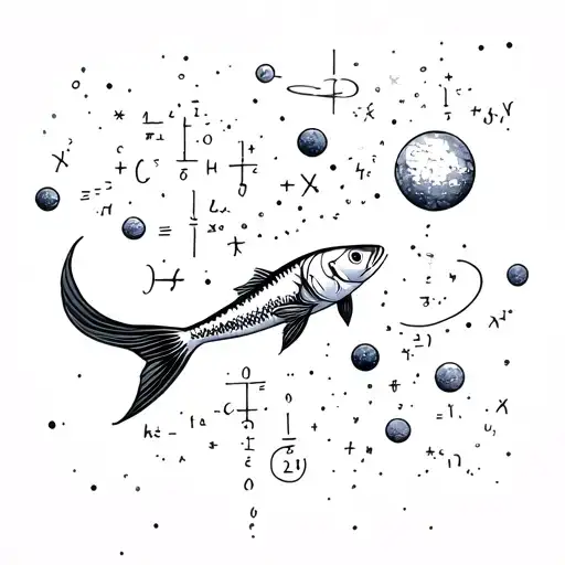 A Minimalist Tattoo Of A Coi Fish Swimming Through A Galaxy Of Planets And Math Equations