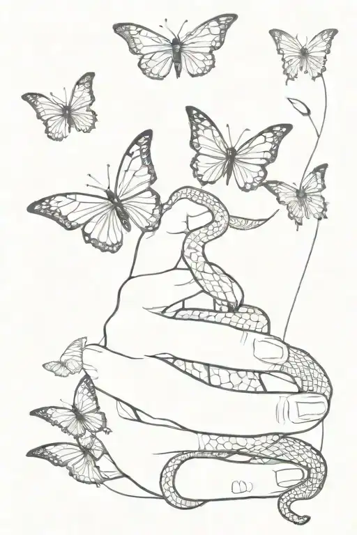 Snake And Butterflies On Hand
