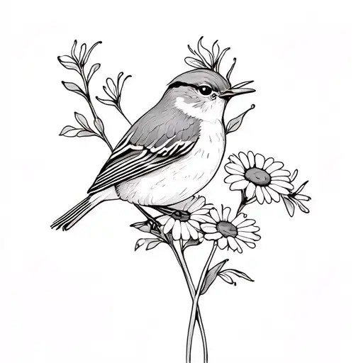 Wren Bird With Daisy Flowers