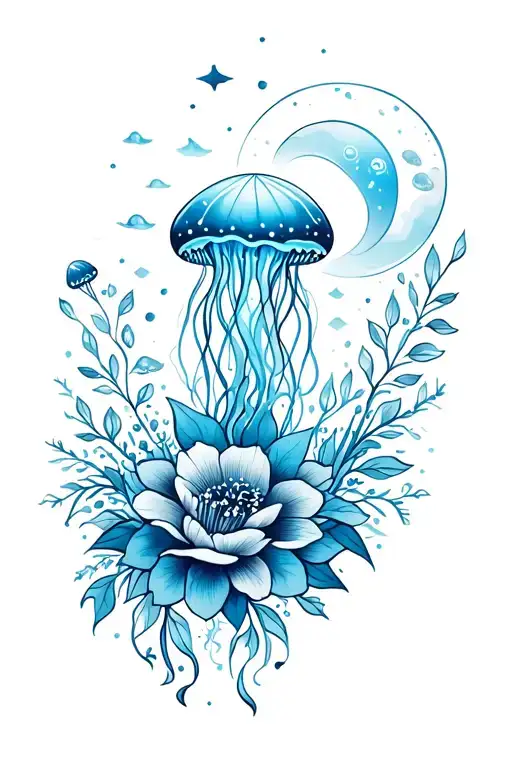 A Feminine Tatoo Ocean Theme With Jelly Fish And Flowers And Moon And Ray