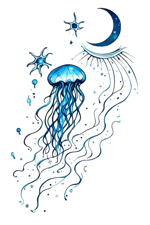 A Feminine Tatoo Ocean Theme With Jelly Fish And A Moon And A Ray