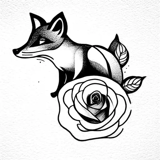 A Rose Coming Out Of A Fox In A Very Delicated Design With Fine Line