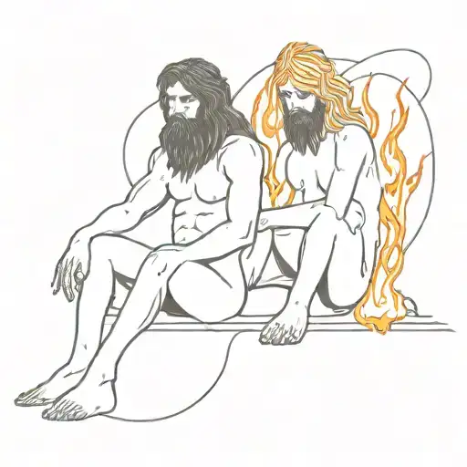 A Futuristic Interpretation Of A Caveman And Woman Sitting Next To Fire