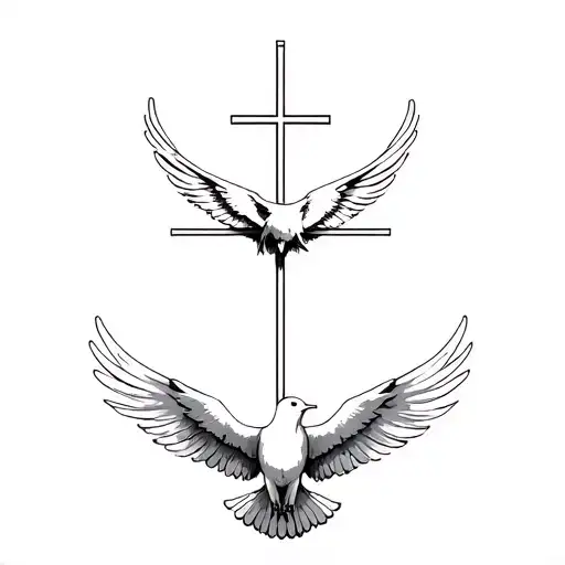 A Christian Cross In Straight Line And In Front Of A Dove Which Has Its Wings Deployed