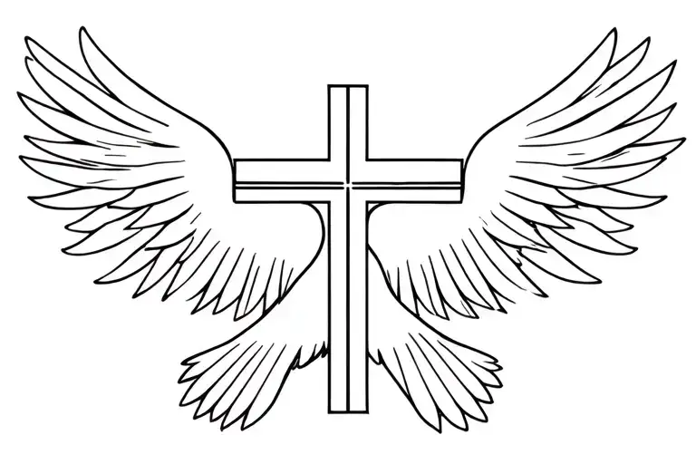 A Christian Cross In Straight Line And In Front Of A Dove Which Has Its Wings Deployed