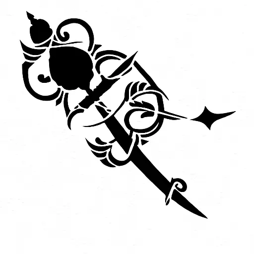 Two Curved Swords Crossed With A Vertical Rose In The Middle