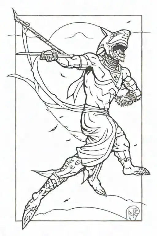 A African Warrior Falling With Shield & Spear In Hand Into Shark Infested Water