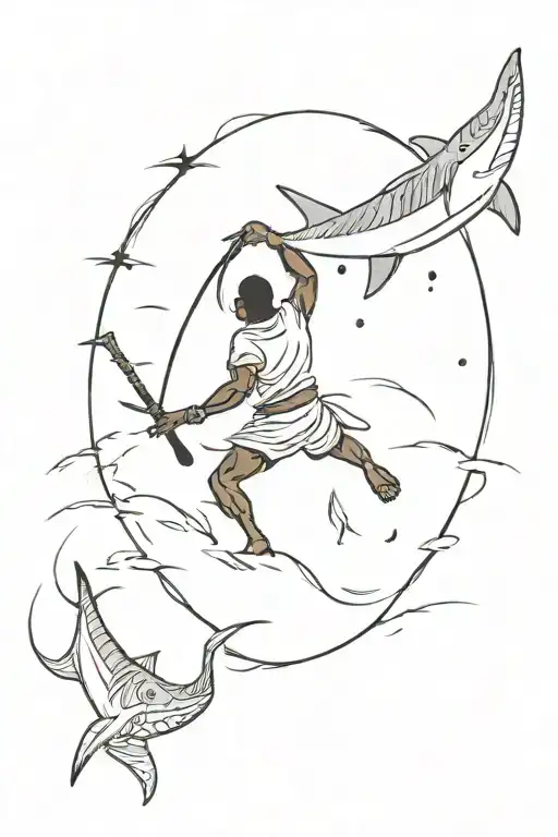 A African Warrior Falling With Shield & Spear In Hand Into Sharks Circling In The Water Below