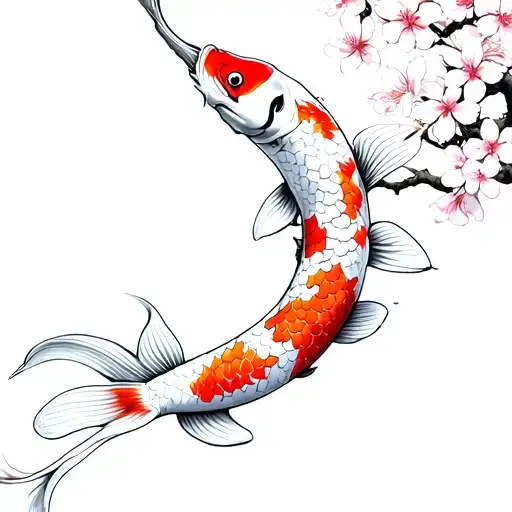 Japanese Style Ratio Of Koi Fish With Cherry Blossoms That Look Manly And Goes On Shoukder