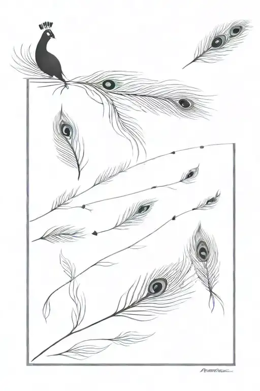 Single Peacock Feather Dissolving Into 6 Birds