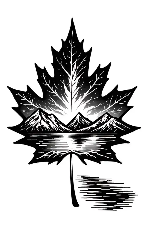 Mountain Lake Scene Inside A Maple Leaf