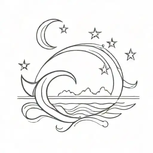 A Minimalist Design Of A Crescent Moon And Stars Reflecting On The Ocean At Sunset