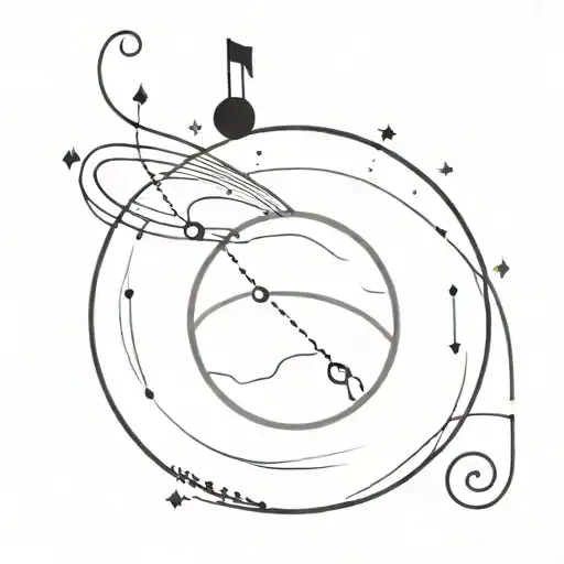 A Minimalist Tattoo Of A Planet With Music Notes Orbiting Around It