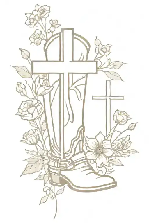 Wooden Cross Coming Out Of Cowboy Boots With A Bouquet Of Wild Flowers