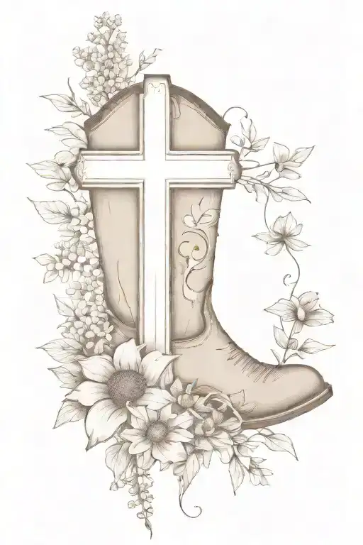 Wooden Cross Coming Out Of Cowboy Boots With A Bouquet Of Wild Flowers