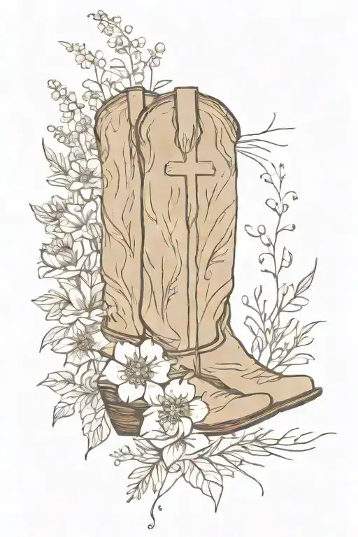Wooden Cross Coming Out Of Cowboy Boots With A Bouquet Of Wild Flowers