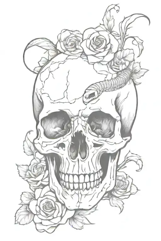 Skull With Snake Entering Its Mouth And Leaving Through The Eyes With Flowers Around The Skull