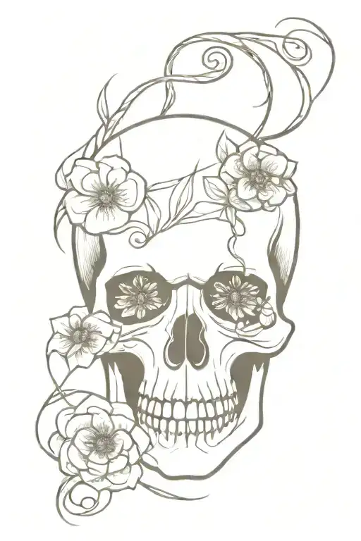 Skull With Snake Entering Its Mouth And Leaving Through The Eyes With Flowers Around The Skull