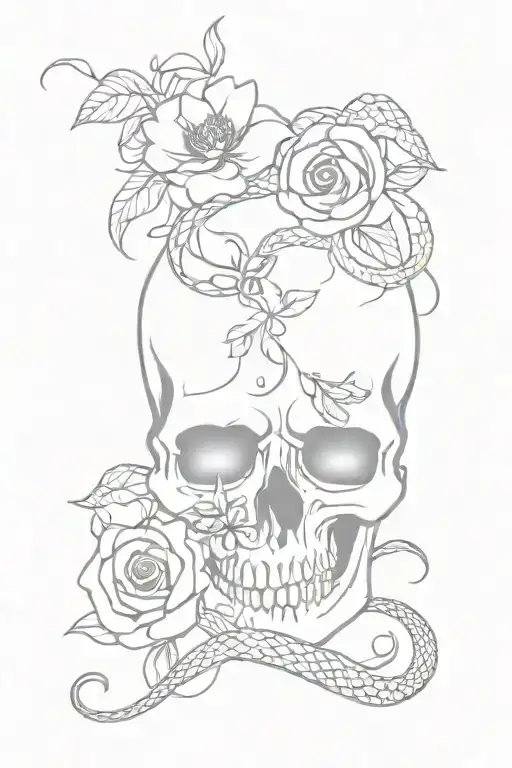 Skull With Snake Entering Its Mouth And Leaving Through The Eyes With Flowers Around The Skull