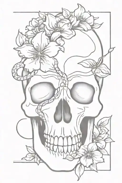 Skull With Snake Entering Its Mouth And Leaving Through The Eyes With Flowers Around The Skull