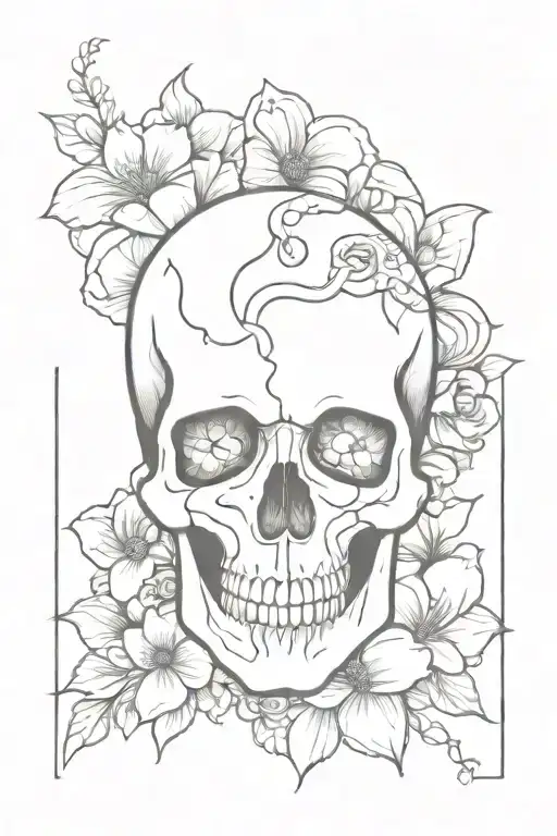 Skull With Snake Entering Its Mouth And Leaving Through The Eyes With Flowers Around The Skull