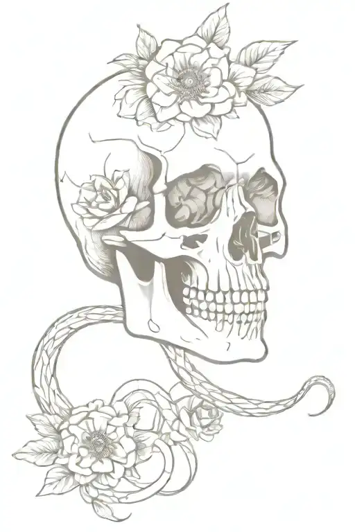 Skull With Snake Entering Its Mouth And Leaving Through The Eyes With Flowers Around The Skull