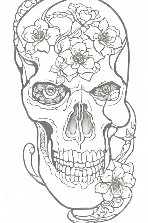 Snake Entering Skull Through Mouth And Leaving Through The Eyes With Flowers Around The Skull