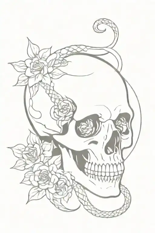 Snake Entering Skull Through Mouth And Leaving Through The Eyes With Flowers Around The Skull