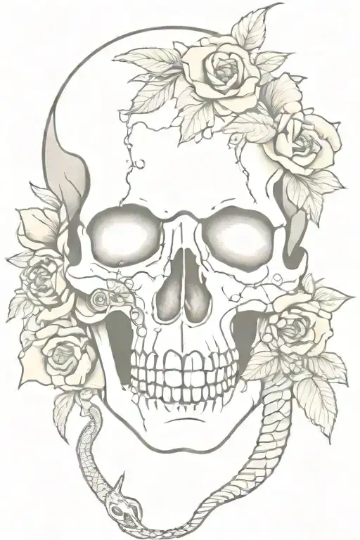 Snake Entering Skull Through Mouth And Leaving Through The Eyes With Flowers Around The Skull