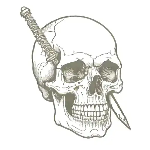 A Realistic Human Skull Holding A Stiletto Switchblade Between Its Teeth