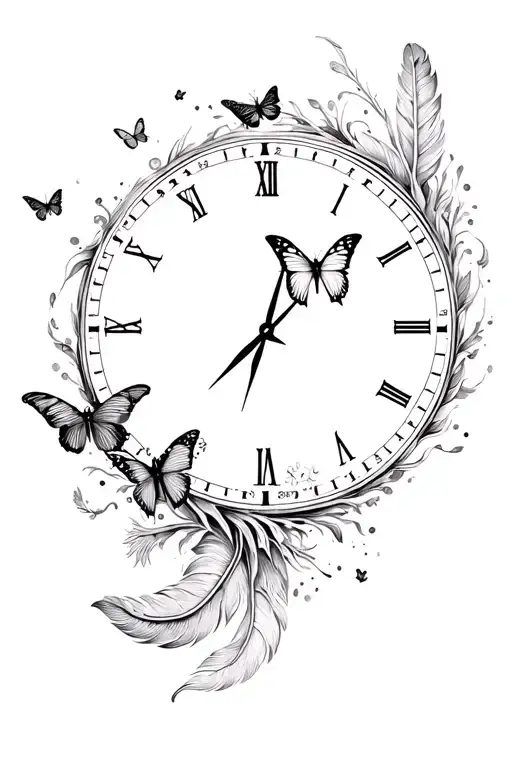 Butterflies And Feathers Surrounding A Clock Face