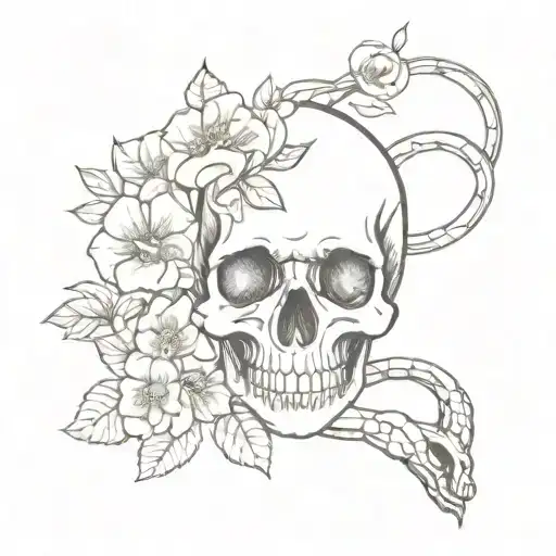 A Skull With Flowers Surrounding With A Snake Going Through It