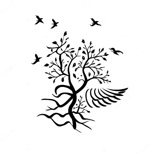 Simplistic Tree With Three Birds Flying Away