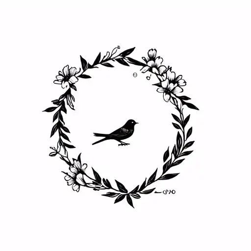 Black Bird In Flower Wreath