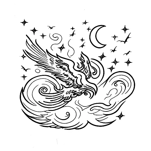 Phoenix Flying Up Towards Bright Shining Full Moon