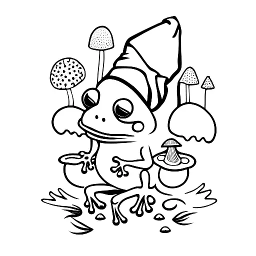 Frog With A Witch Hat Surrounded By Mushrooms