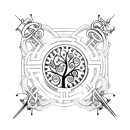 Tree Of Life With God Cross And Swords With Time Clock