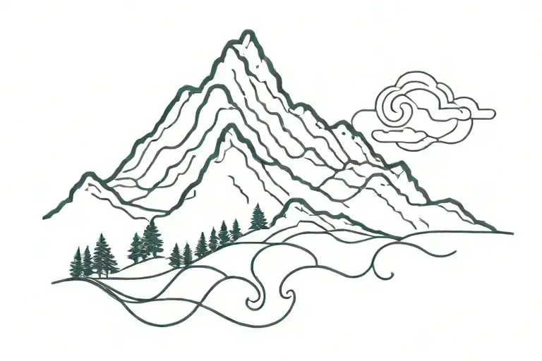 Small Mountain And Blue Wave Tattoo In One Line