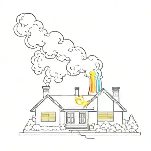 Black-and-white House With Smoke Coming Out Of The Chimney With The Rainbow Colors